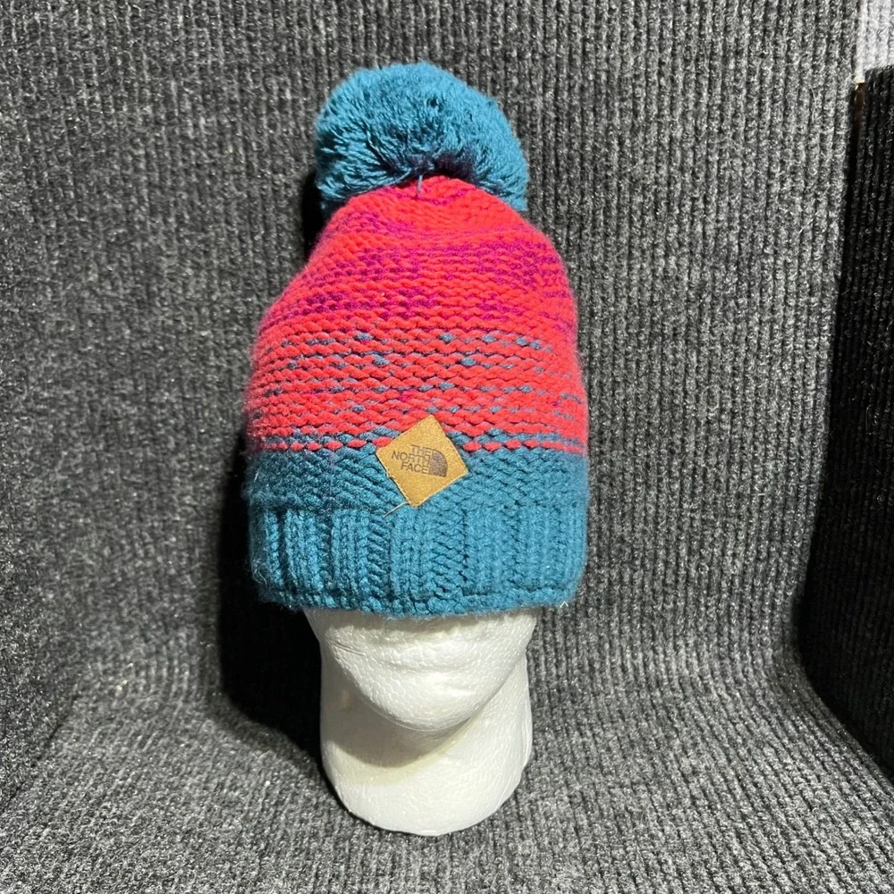 The North Face Beanie Unisex One Size Blue Pink Pom Pom Knit Winter Hat Logo